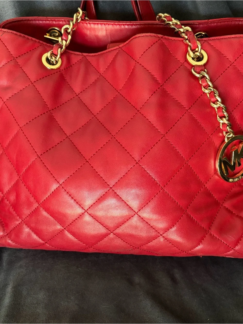 Michael Kors Quilted Red Leather Tote with Gold Chain Detail